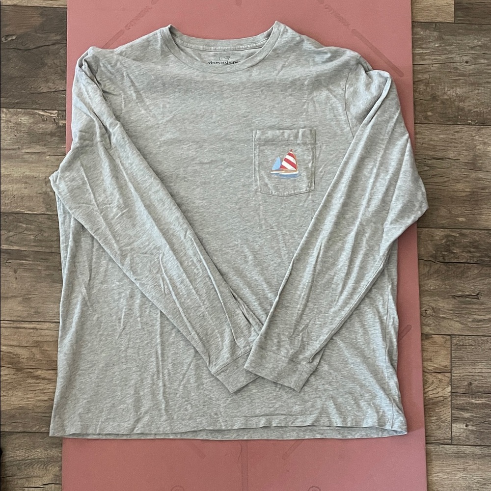 Vineyard Vines Light Gray Long Sleeve Tee with Sailboat Pocket